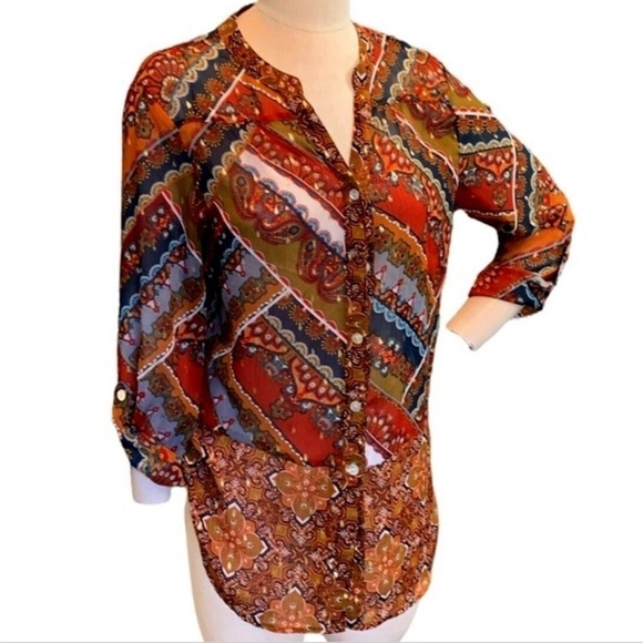 Figueroa & Flower Sheer BOHO Button Front Tunic Blouse Sz L Gold Accents #256L - Picture 2 of 7